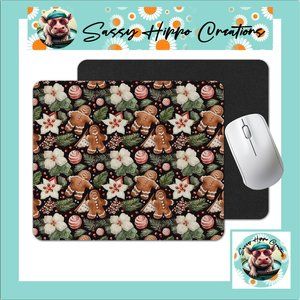 Mouse Pad Christmas Gingerbread Man Flowers Sublimated Anti Slip Back Easy Clean